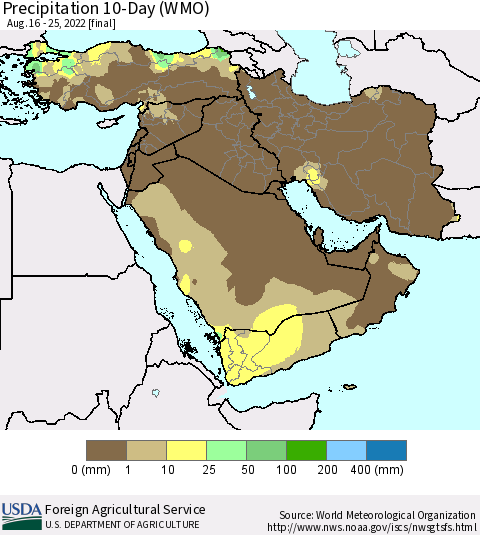 Middle East and Turkey Precipitation 10-Day (WMO) Thematic Map For 8/16/2022 - 8/25/2022
