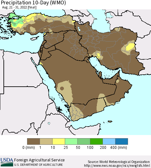Middle East and Turkey Precipitation 10-Day (WMO) Thematic Map For 8/21/2022 - 8/31/2022