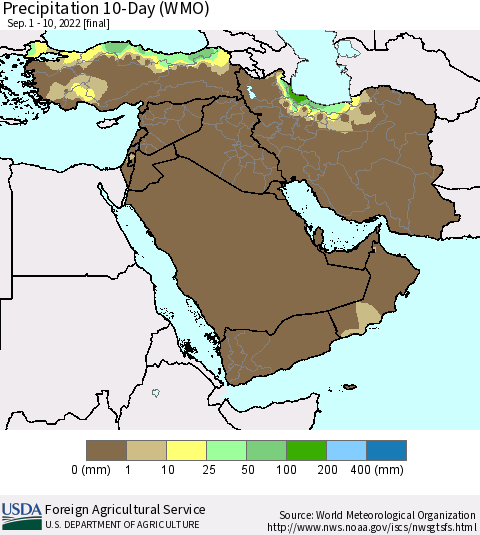 Middle East and Turkey Precipitation 10-Day (WMO) Thematic Map For 9/1/2022 - 9/10/2022