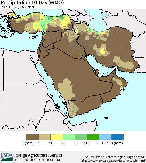 Middle East and Turkey Precipitation 10-Day (WMO) Thematic Map For 9/16/2022 - 9/25/2022