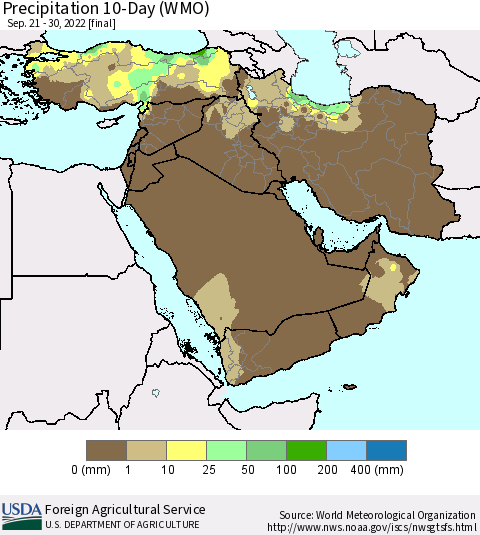 Middle East and Turkey Precipitation 10-Day (WMO) Thematic Map For 9/21/2022 - 9/30/2022