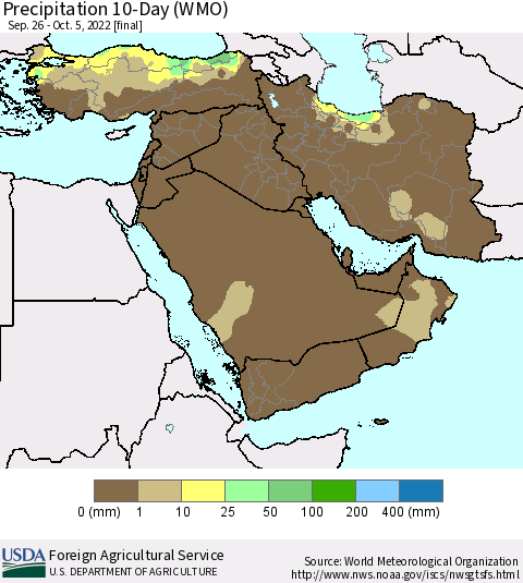 Middle East and Turkey Precipitation 10-Day (WMO) Thematic Map For 9/26/2022 - 10/5/2022