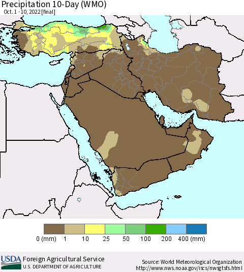 Middle East and Turkey Precipitation 10-Day (WMO) Thematic Map For 10/1/2022 - 10/10/2022