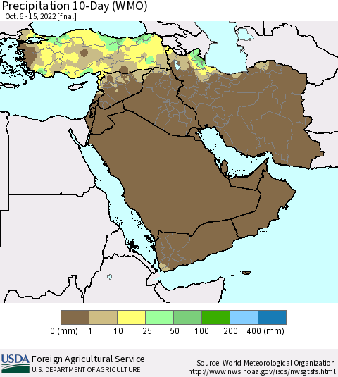 Middle East and Turkey Precipitation 10-Day (WMO) Thematic Map For 10/6/2022 - 10/15/2022