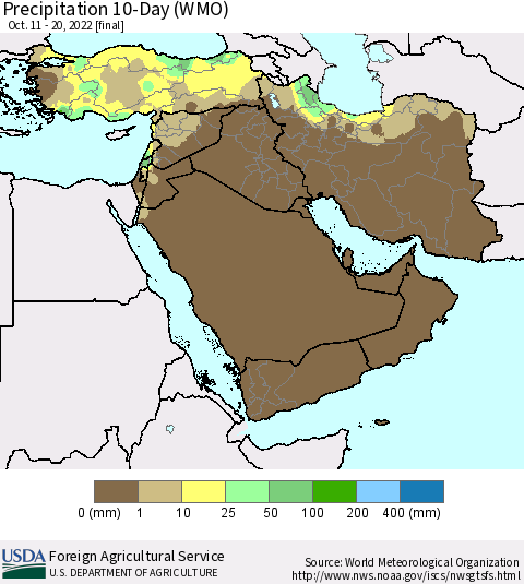 Middle East and Turkey Precipitation 10-Day (WMO) Thematic Map For 10/11/2022 - 10/20/2022