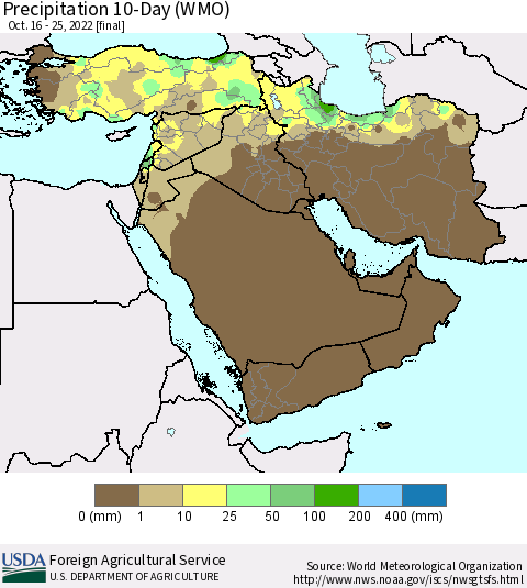 Middle East and Turkey Precipitation 10-Day (WMO) Thematic Map For 10/16/2022 - 10/25/2022