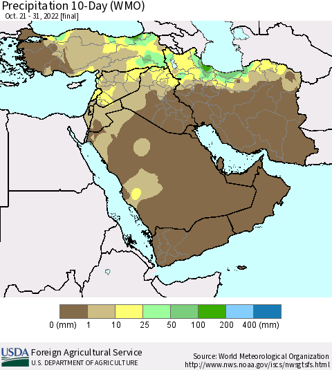 Middle East and Turkey Precipitation 10-Day (WMO) Thematic Map For 10/21/2022 - 10/31/2022