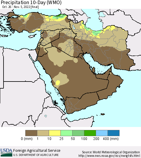 Middle East and Turkey Precipitation 10-Day (WMO) Thematic Map For 10/26/2022 - 11/5/2022