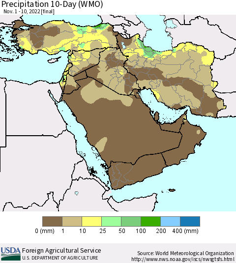 Middle East and Turkey Precipitation 10-Day (WMO) Thematic Map For 11/1/2022 - 11/10/2022