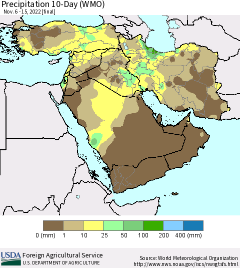 Middle East and Turkey Precipitation 10-Day (WMO) Thematic Map For 11/6/2022 - 11/15/2022