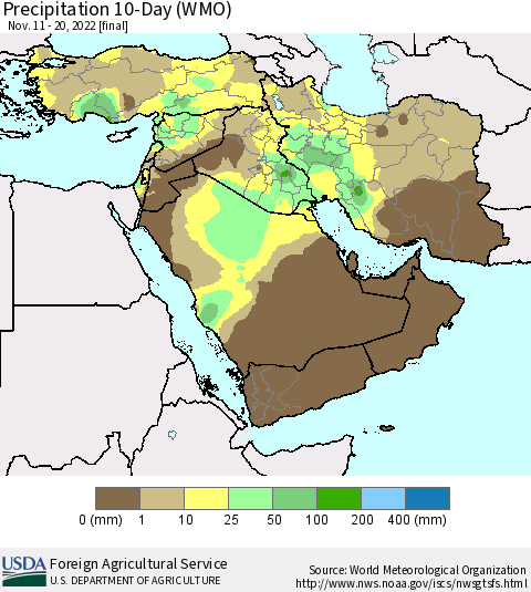 Middle East and Turkey Precipitation 10-Day (WMO) Thematic Map For 11/11/2022 - 11/20/2022