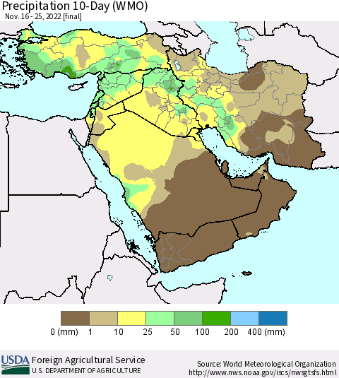 Middle East and Turkey Precipitation 10-Day (WMO) Thematic Map For 11/16/2022 - 11/25/2022