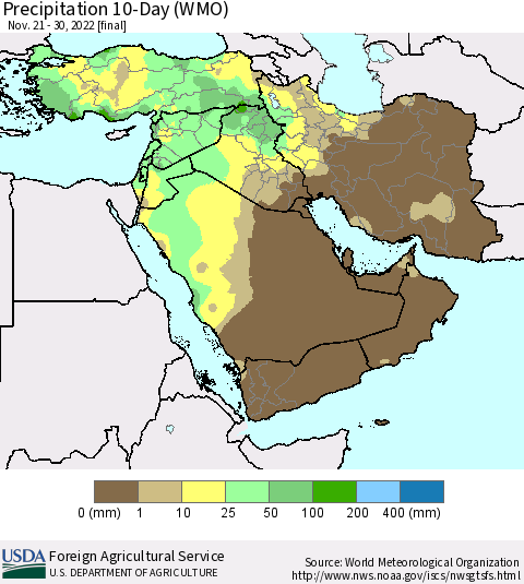 Middle East and Turkey Precipitation 10-Day (WMO) Thematic Map For 11/21/2022 - 11/30/2022