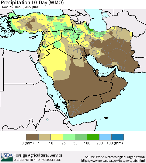 Middle East and Turkey Precipitation 10-Day (WMO) Thematic Map For 11/26/2022 - 12/5/2022
