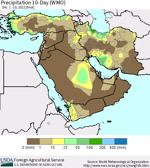 Middle East and Turkey Precipitation 10-Day (WMO) Thematic Map For 12/1/2022 - 12/10/2022