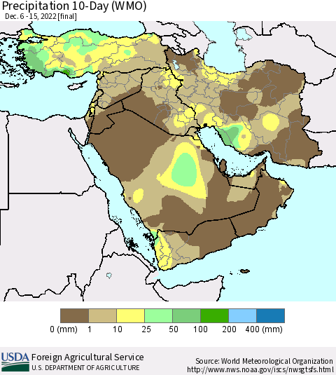Middle East and Turkey Precipitation 10-Day (WMO) Thematic Map For 12/6/2022 - 12/15/2022