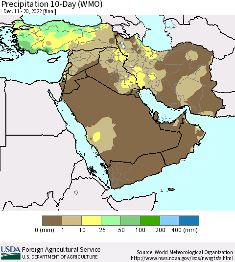 Middle East and Turkey Precipitation 10-Day (WMO) Thematic Map For 12/11/2022 - 12/20/2022