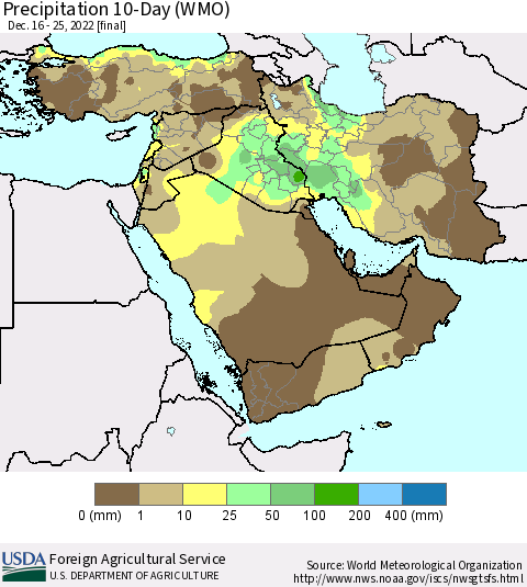 Middle East and Turkey Precipitation 10-Day (WMO) Thematic Map For 12/16/2022 - 12/25/2022