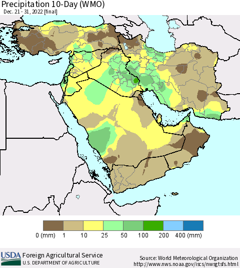 Middle East and Turkey Precipitation 10-Day (WMO) Thematic Map For 12/21/2022 - 12/31/2022