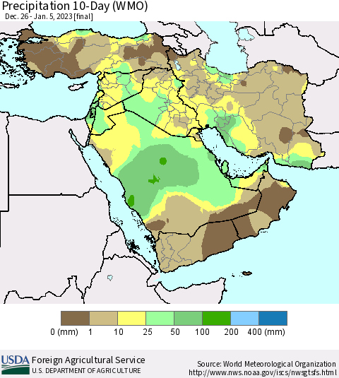 Middle East and Turkey Precipitation 10-Day (WMO) Thematic Map For 12/26/2022 - 1/5/2023