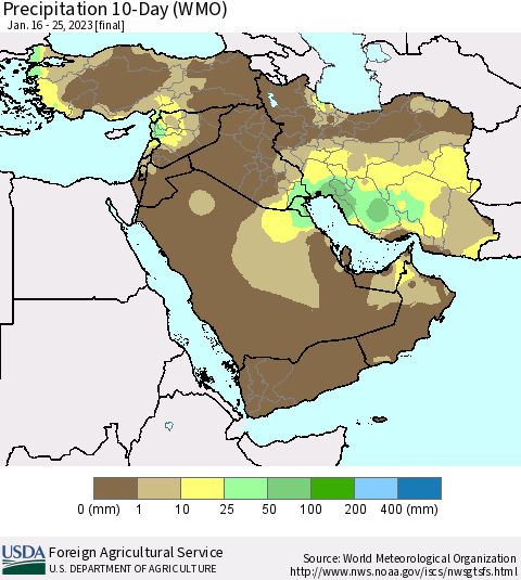 Middle East and Turkey Precipitation 10-Day (WMO) Thematic Map For 1/16/2023 - 1/25/2023
