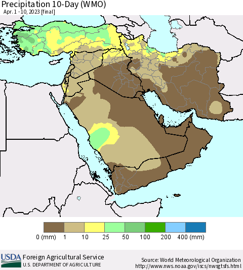Middle East and Turkey Precipitation 10-Day (WMO) Thematic Map For 4/1/2023 - 4/10/2023