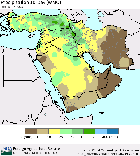 Middle East and Turkey Precipitation 10-Day (WMO) Thematic Map For 4/6/2023 - 4/15/2023
