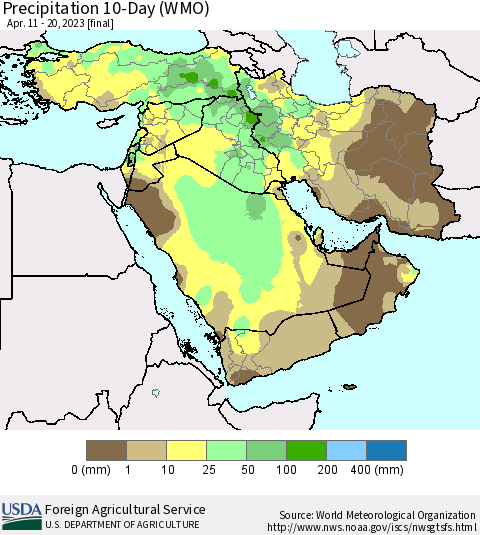 Middle East and Turkey Precipitation 10-Day (WMO) Thematic Map For 4/11/2023 - 4/20/2023