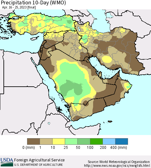 Middle East and Turkey Precipitation 10-Day (WMO) Thematic Map For 4/16/2023 - 4/25/2023