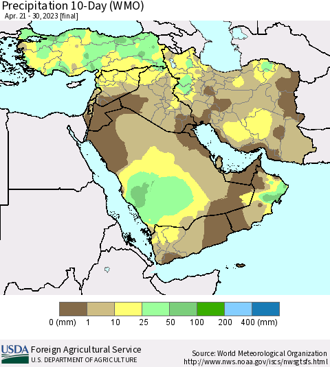 Middle East and Turkey Precipitation 10-Day (WMO) Thematic Map For 4/21/2023 - 4/30/2023