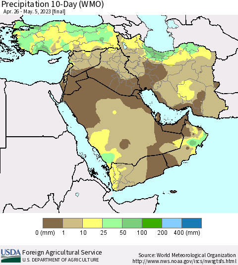 Middle East and Turkey Precipitation 10-Day (WMO) Thematic Map For 4/26/2023 - 5/5/2023
