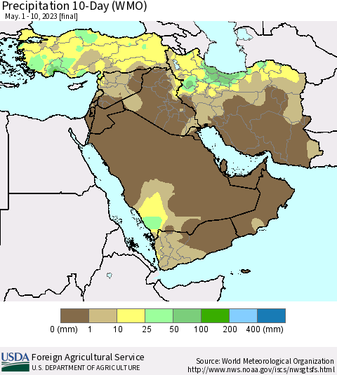 Middle East and Turkey Precipitation 10-Day (WMO) Thematic Map For 5/1/2023 - 5/10/2023