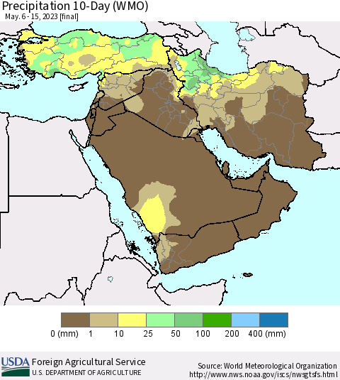 Middle East and Turkey Precipitation 10-Day (WMO) Thematic Map For 5/6/2023 - 5/15/2023