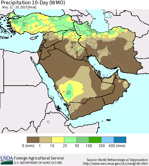 Middle East and Turkey Precipitation 10-Day (WMO) Thematic Map For 5/11/2023 - 5/20/2023
