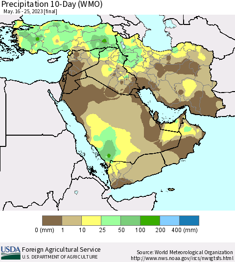 Middle East and Turkey Precipitation 10-Day (WMO) Thematic Map For 5/16/2023 - 5/25/2023
