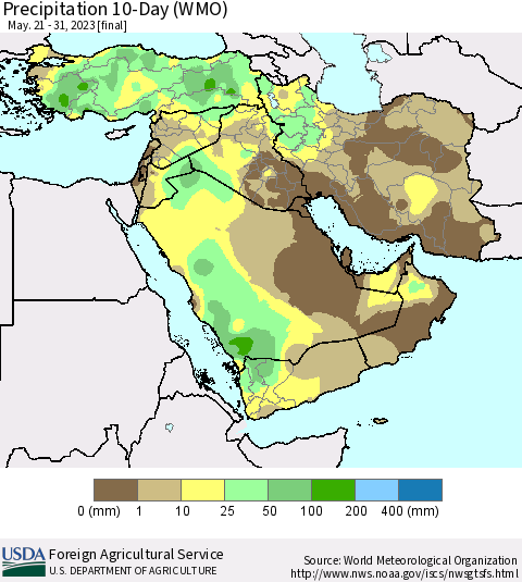 Middle East and Turkey Precipitation 10-Day (WMO) Thematic Map For 5/21/2023 - 5/31/2023