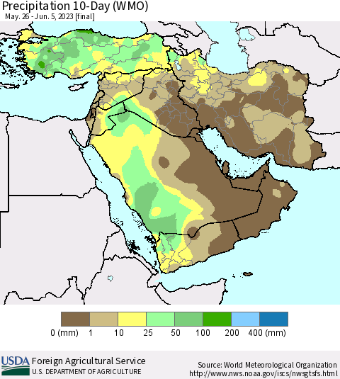 Middle East and Turkey Precipitation 10-Day (WMO) Thematic Map For 5/26/2023 - 6/5/2023