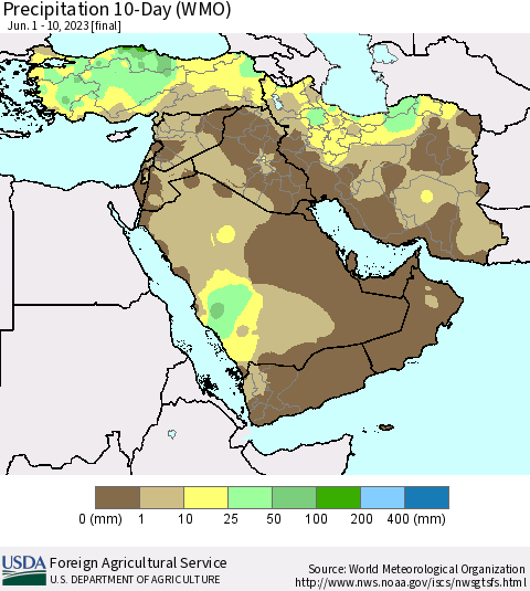 Middle East and Turkey Precipitation 10-Day (WMO) Thematic Map For 6/1/2023 - 6/10/2023
