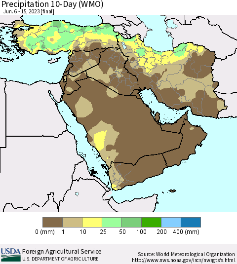 Middle East and Turkey Precipitation 10-Day (WMO) Thematic Map For 6/6/2023 - 6/15/2023