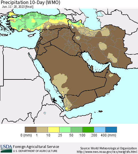 Middle East and Turkey Precipitation 10-Day (WMO) Thematic Map For 6/11/2023 - 6/20/2023