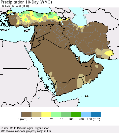 Middle East and Turkey Precipitation 10-Day (WMO) Thematic Map For 6/21/2023 - 6/30/2023