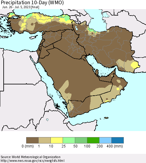 Middle East and Turkey Precipitation 10-Day (WMO) Thematic Map For 6/26/2023 - 7/5/2023