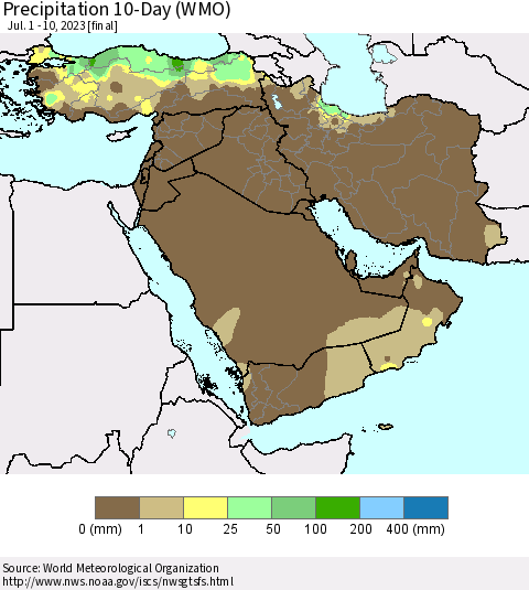 Middle East and Turkey Precipitation 10-Day (WMO) Thematic Map For 7/1/2023 - 7/10/2023