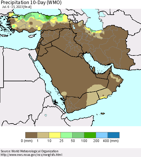 Middle East and Turkey Precipitation 10-Day (WMO) Thematic Map For 7/6/2023 - 7/15/2023