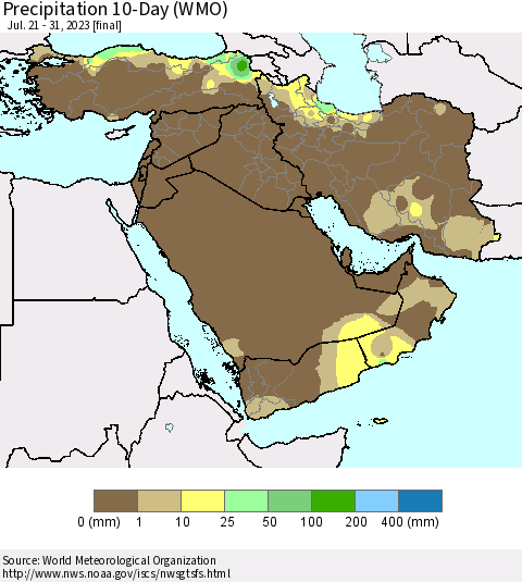Middle East and Turkey Precipitation 10-Day (WMO) Thematic Map For 7/21/2023 - 7/31/2023