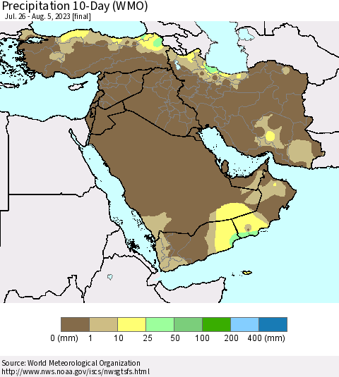 Middle East and Turkey Precipitation 10-Day (WMO) Thematic Map For 7/26/2023 - 8/5/2023