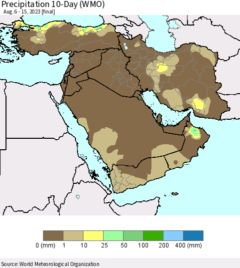 Middle East and Turkey Precipitation 10-Day (WMO) Thematic Map For 8/6/2023 - 8/15/2023