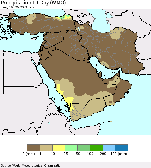 Middle East and Turkey Precipitation 10-Day (WMO) Thematic Map For 8/16/2023 - 8/25/2023
