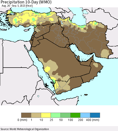 Middle East and Turkey Precipitation 10-Day (WMO) Thematic Map For 8/26/2023 - 9/5/2023
