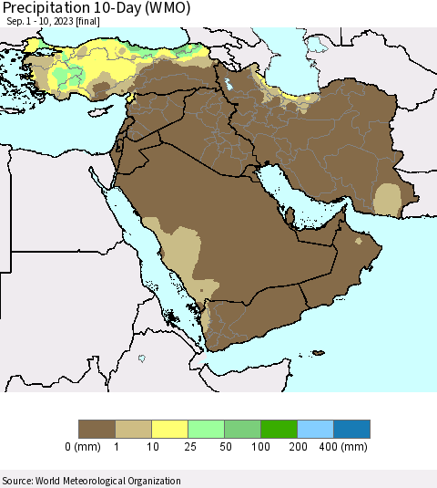 Middle East and Turkey Precipitation 10-Day (WMO) Thematic Map For 9/1/2023 - 9/10/2023